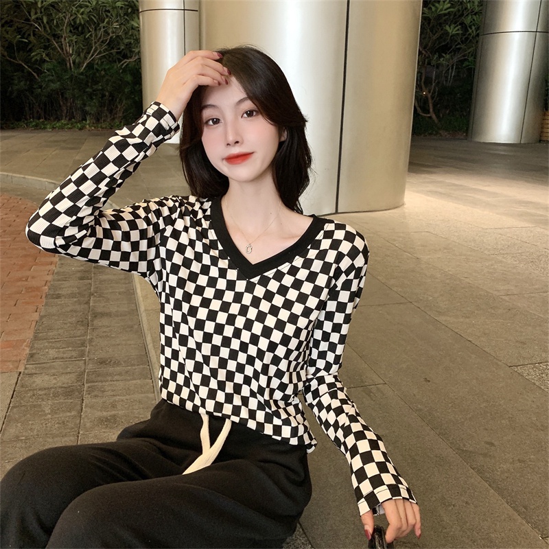 Áo thun ZHELIHANGFEI tay dài cổ chữ V họa tiết sọc caro thời trang