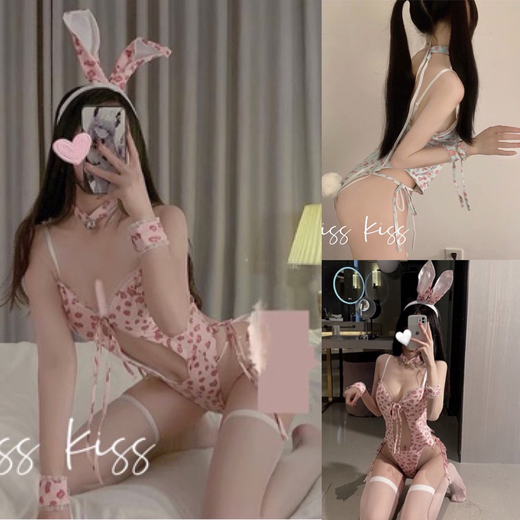 Đồ ngủ nữ Cosplay sexy hóa trang tai thỏ chấm bi hình môi khoét bụng