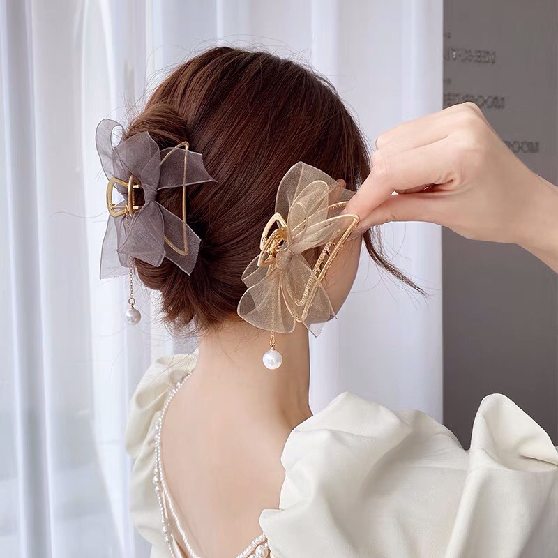 Kẹp tóc càng cua Hàn Quốc hình nơ phối hạt trai Cặp búi tóc tiểu thư nhiều màu xinh xắn sang trọng cho nữ Aikimo KDN