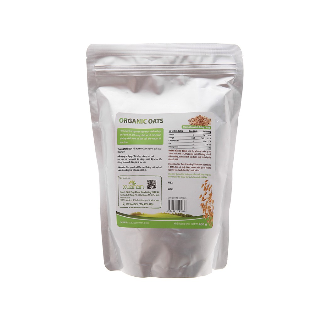 Yến mạch hữu cơ Xuân An Organic Oats bịch 400g