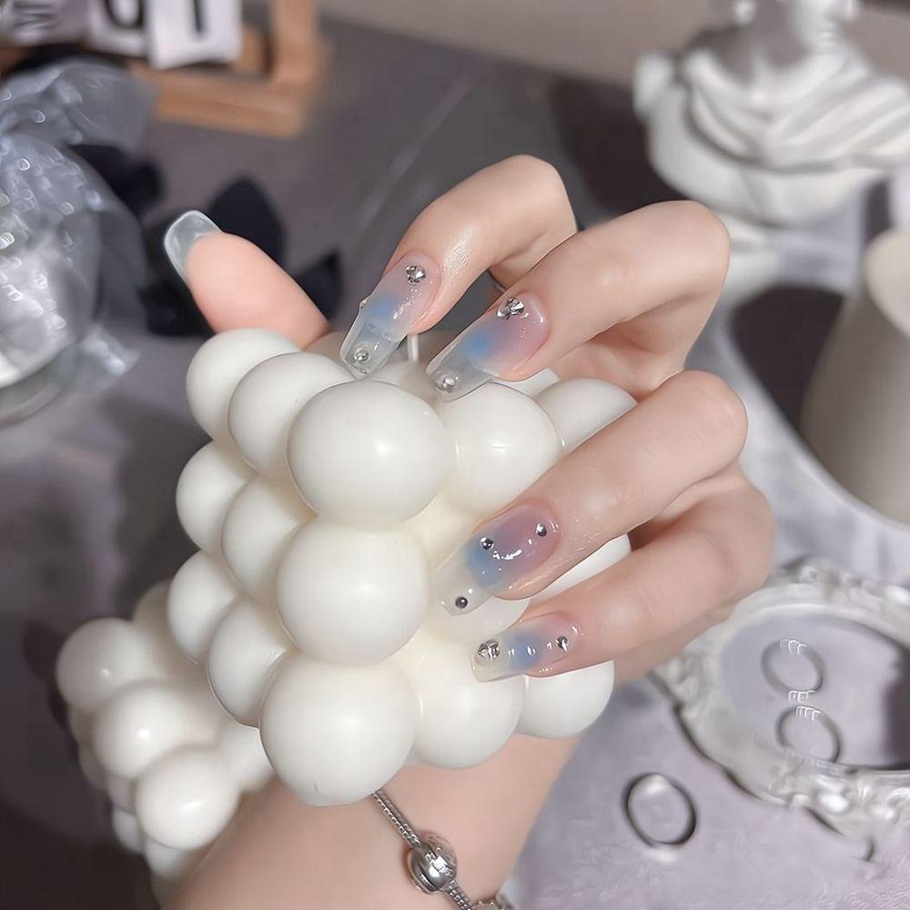 MIHAN1 Hộp 24 Móng Tay Giả Màu Trắng Gợn Sóng