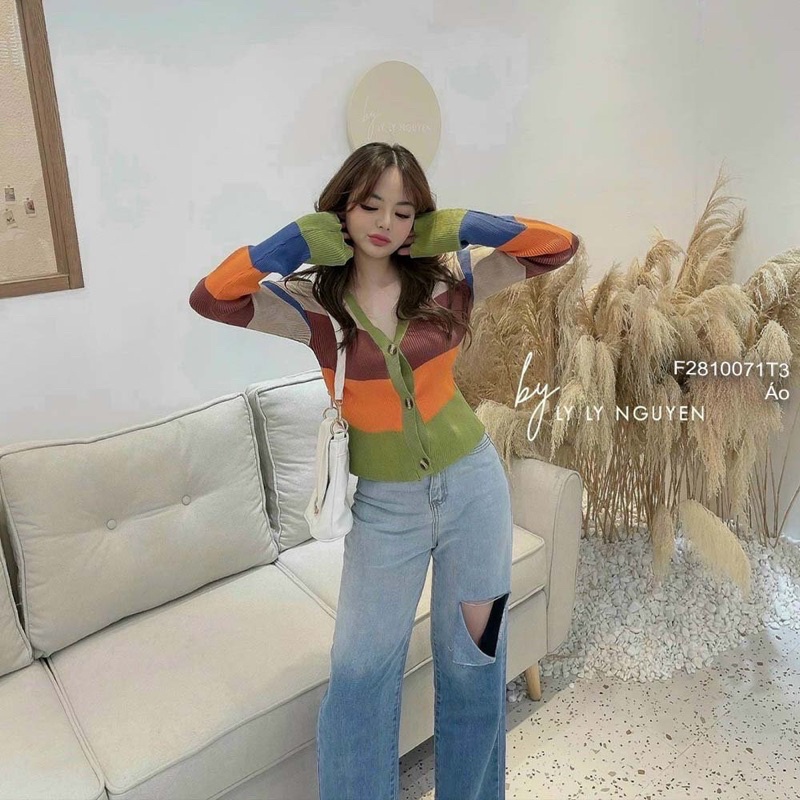 Áo len sọc phối màu gài nút cổ tim tay dài hàng QC! 220k