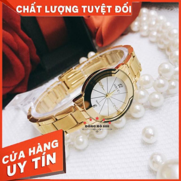 FREESHIP - Đồng hồ nữ Halei dây vàng mặt tròn sang chảnh, chống nước chống xước - HL457 | BigBuy360 - bigbuy360.vn