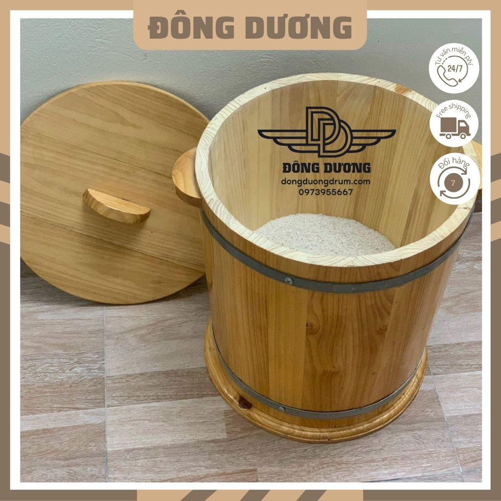 Thùng gỗ đựng gạo 20kg có nắp đậy thiết kế đơn giản, sạch sẽ, tiện dụng