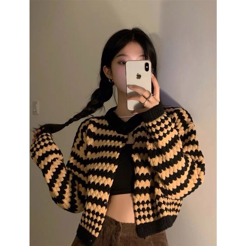 Áo Khoác Dệt Kim Nữ Dài Tay Kẻ Sọc Kiểu Hàn Quốc Có 3 Màu