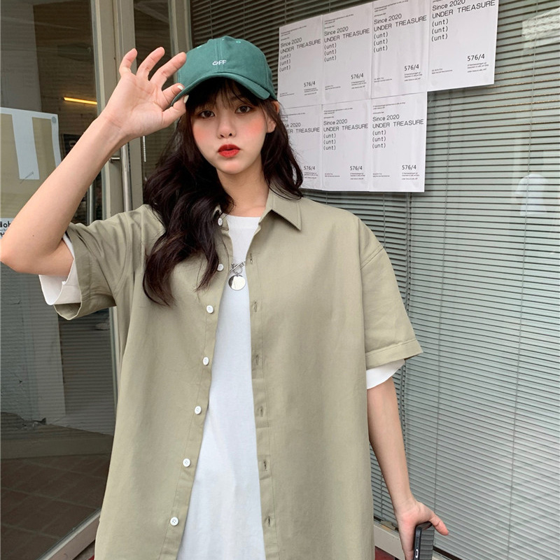 Áo sơ mi tay ngắn màu trơn phong cách retro Hàn Quốc dành cho nữ