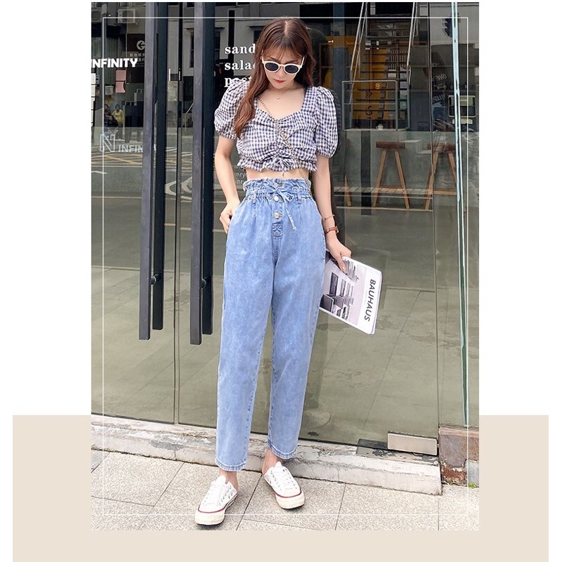 quần jean baggy big size lưng cao 3 nút xanh wash size 70-100kg