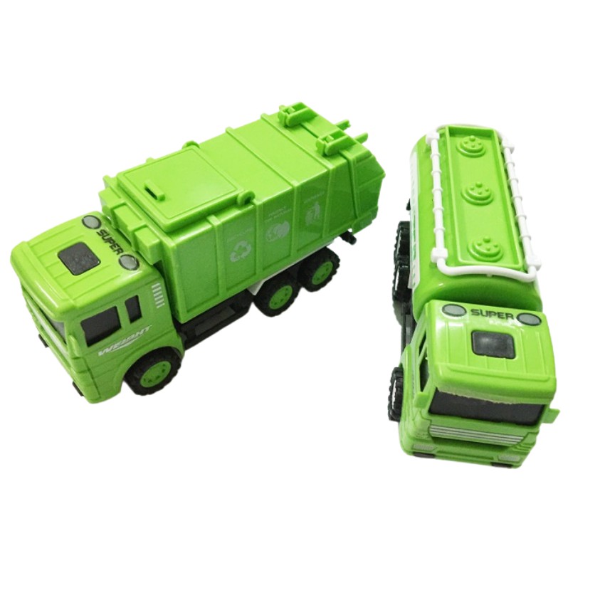 Đồ Chơi Xe Chở Rác Gồm 4 Chiếc Màu Xanh Lá, Di Chuyển Đà Cót, Dành Cho Các Bé Đam Mê Sưu Tập Xe