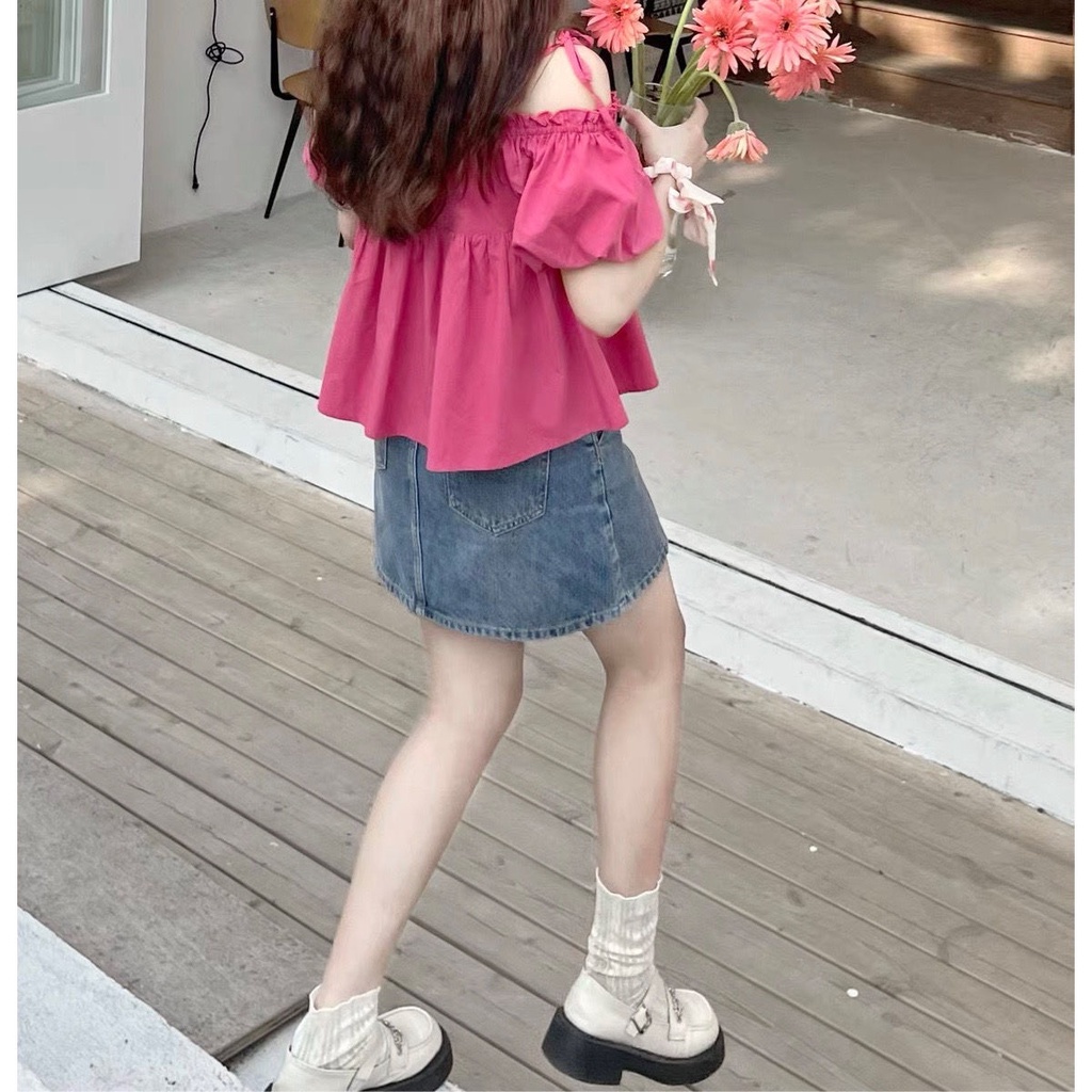 Áo kiểu trễ vai tay phồng thời trang mùa hè phong cách Nhật Bản thuần khiết dễ thương cho nữ