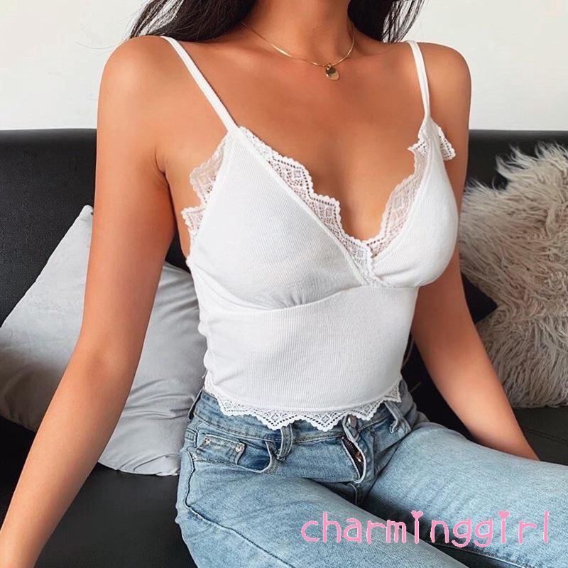 ♛BA♚Women Camisole Lace Wrapped V-Neck Slim Sleeveless Knitted Top