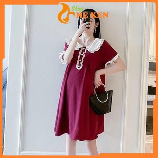 Đầm bầu suông - váy bầu mùa hè cổ trắng phối bèo nhún cổ tay ngực 2 màu đỏ đen BN46 - Shop Mẹ Ken