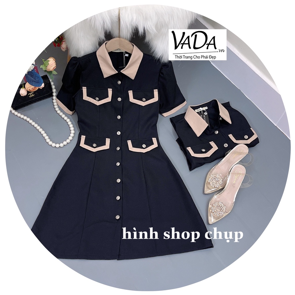 Đầm xòe dạo phố, dự tiệc cổ sơ mi phối màu hàng nút xinh xắn -Thời Trang VADA (VD323) | BigBuy360 - bigbuy360.vn