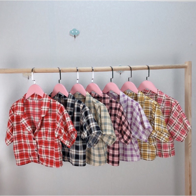 áo sơ mi croptop caro cổ vest thời trang