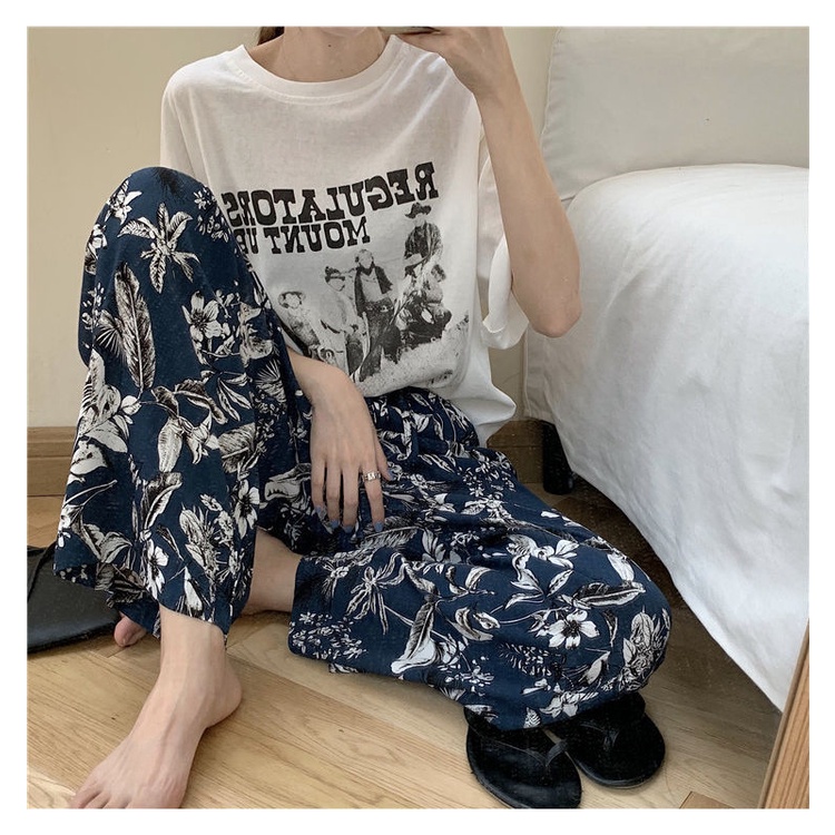 Quần dài lưng cao ống rộng họa tiết hoa thời trang mùa hè mát mẻ thoải mái