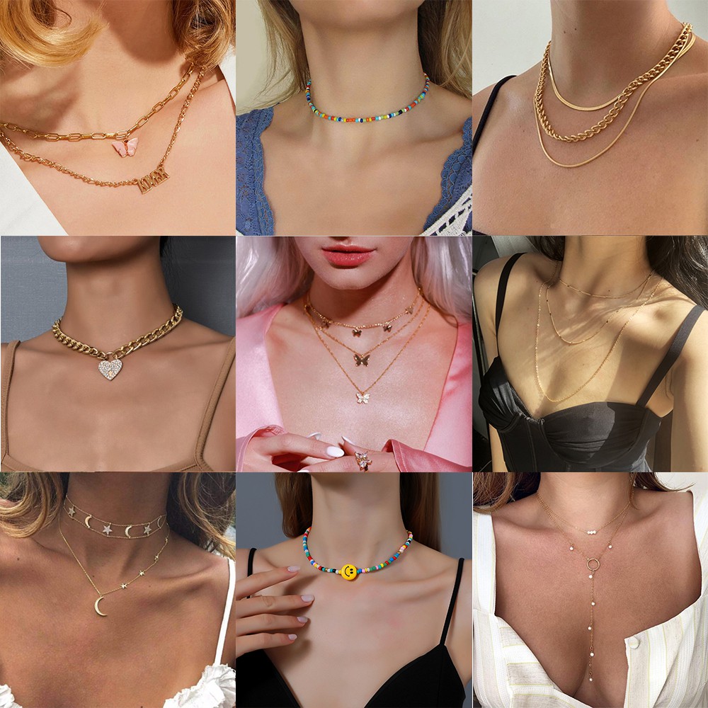 Vòng cổ nhiều lớp mặt hình bướm/ mặt cười nhiều màu phong cách cổ điển thời trang Hàn Quốc