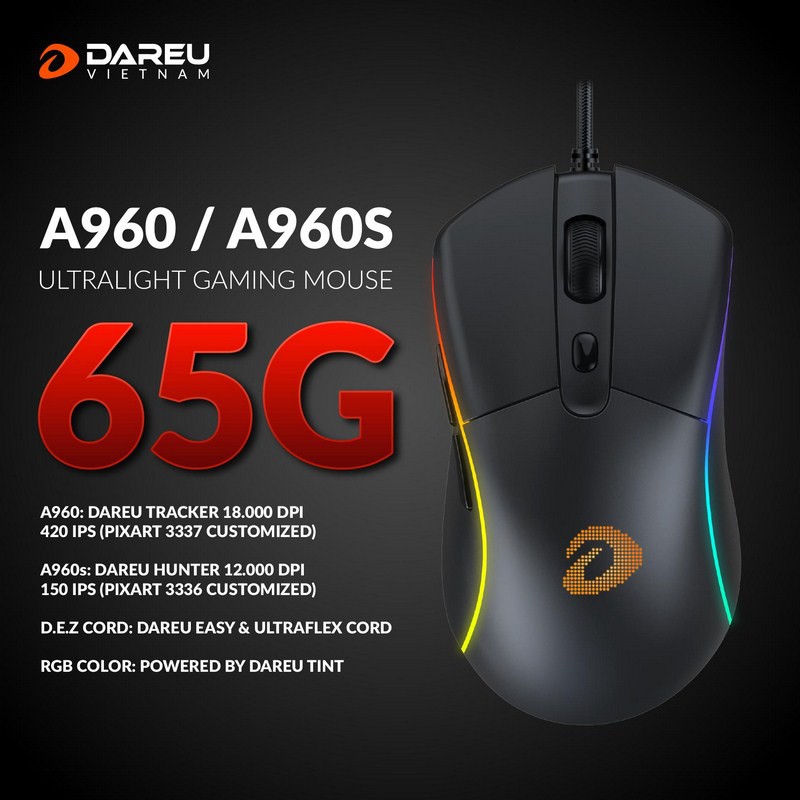 Chuột Gaming DAREU A960s BLACK - ULTRALIGHT (HUNTER PWM3336, LED RGB)