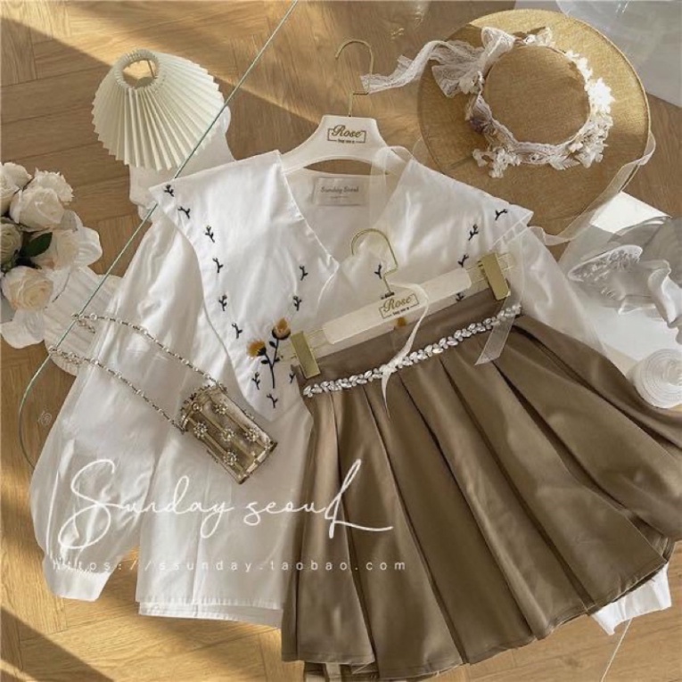 Áo sơ mi thêu hoa vitage hàng mới_007 ulzzang babydoll bánh bèo nội y xanh