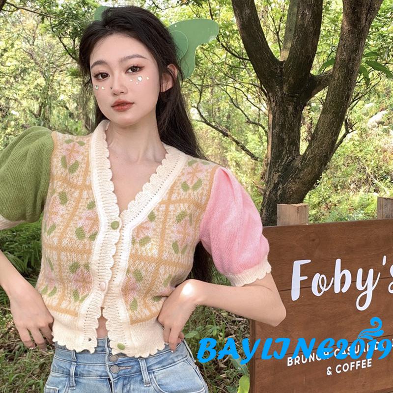Áo Cardigan Dệt Kim Tay Ngắn Cổ Chữ V Cài Nút Màu Sắc Tương Phản Phong Cách Vintage Dành Cho Nữ