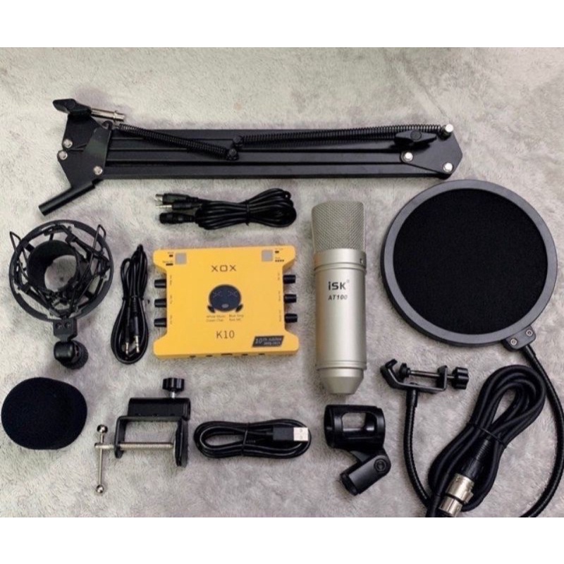 combo bộ hát livestream suond card xox k10 BẢN (2020) mic isk at100 chân kẹp màng lọc dây live  bh 6 tháng đổi mới