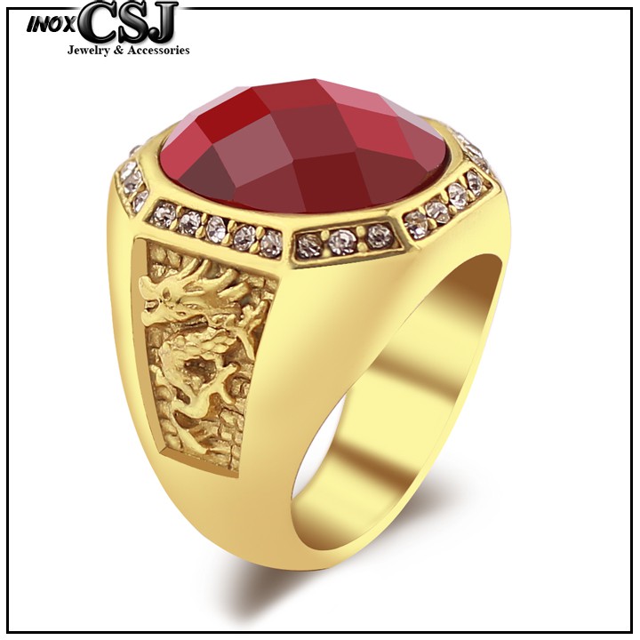 NHẪN NAM INOX MẠ VÀNG 2 BÊN CON RỒNG ĐÁ ĐỎ siêu đẹp - tặng hộp đựng xinh xắn