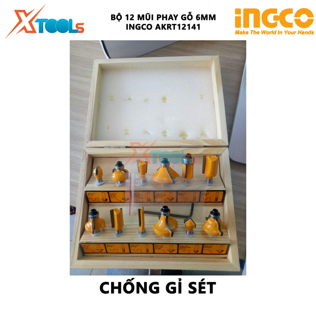 Bộ 12 mũi phay gỗ INGCO AKRT12141 bộ dao phay gỗ 12 chi tiết Đường kính mũi 6.3mm, cắt, khoan, đục vật liệu kim loại, gỗ