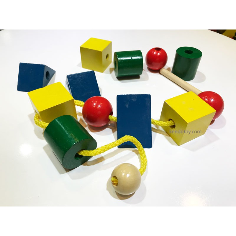 Đồ chơi xâu hạt 12 khối lớn, xỏ dây bằng gỗ tạo hình học khối giáo dục kỹ năng, đồ chơi gỗ montessori