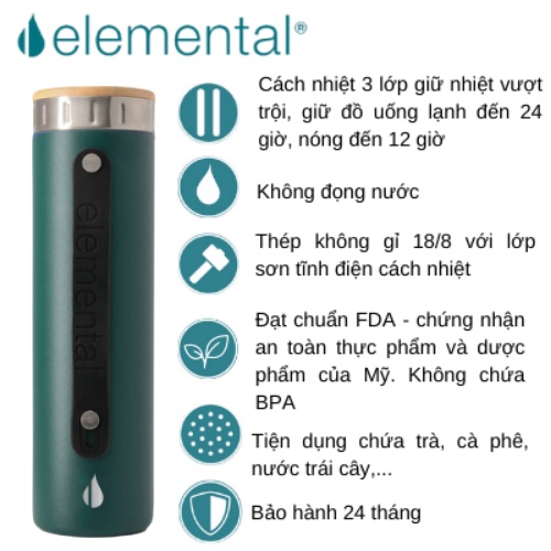 Bình giữ nhiệt Elemental 590ml màu xanh lá, giữ nhiệt vượt trội, inox 304, giá tốt