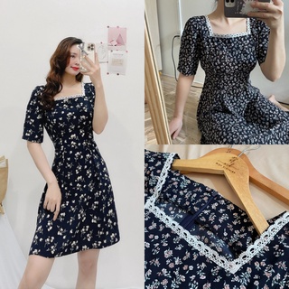 Đầm hoa nhí đen dự tiệc, Váy hoa nhí vintage Cao Cấp cổ vuông tay ngắn dáng xòe đi chơi dự tiệc - MiNhi