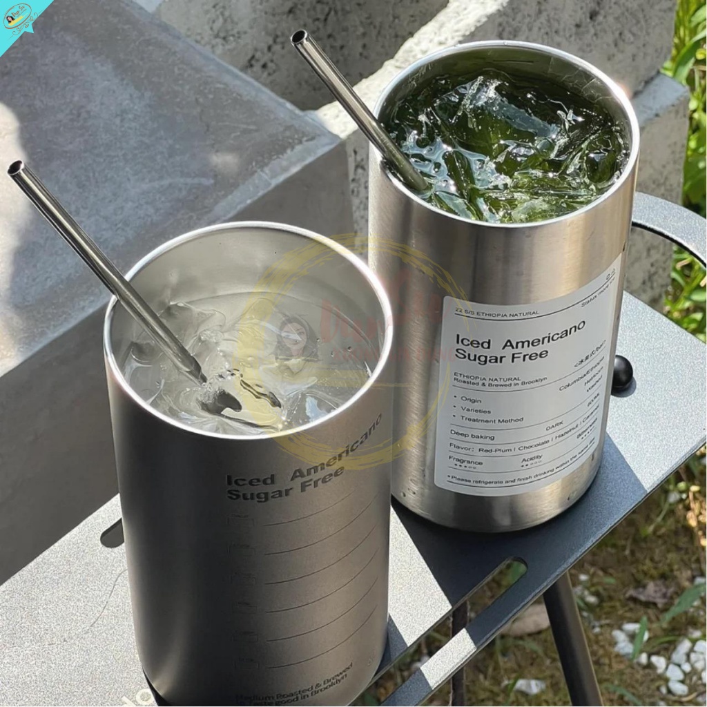 Cốc cà phê giữ nhiệt Iced Americano Ly inox giữ nhiệt có ống hút Bình uống nước giữ nhiệt bằng thép không gỉ 600ml DunSu