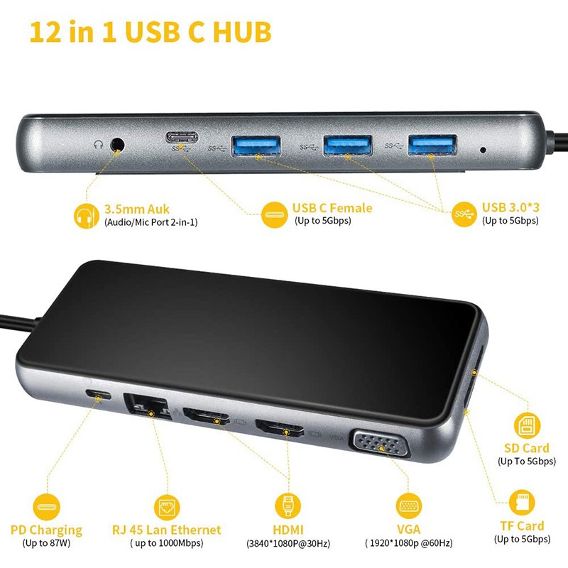 Đế Sạc Chuyển Đổi 12 Trong 1 Type C Sang HDMI 4K VGA RJ45 SD / TF Có Đầu Đọc Thẻ 3.5mm USB 3.0 Cho Màn Hình Gương Mở Rộng