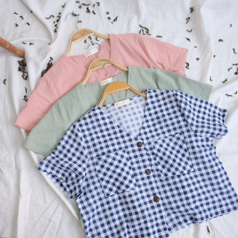 Áo sơ mi Croptop Linen Cổ tim Tay lỡ Freesize Đơn giản Vintage Thời trang Nữ