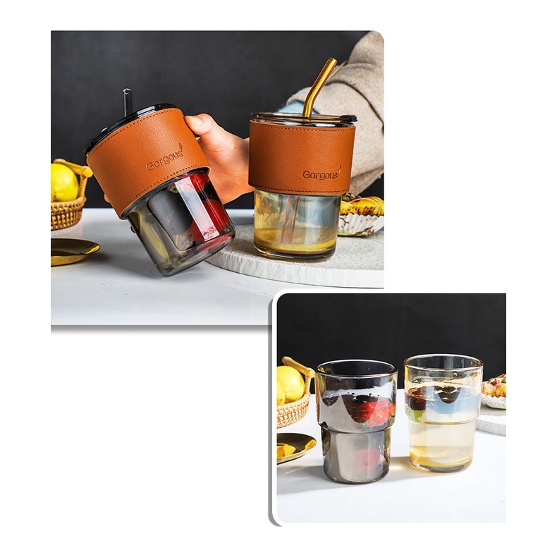 Cốc ly thủy tinh kèm ống hút bọc da chống bỏng chống rò rỉ cách nhiệt tốt 450 ml