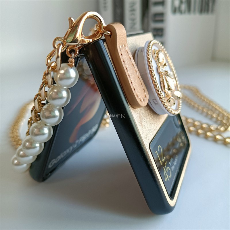 Bao Da Điện Thoại pu Dạng Ví Nắp Lật Đính Ngọc Trai Có Dây Đeo Chéo Vai Hình Gấu Cho samsung galaxy z flip 4g 4 3 flip4 flip3 5g Ốp