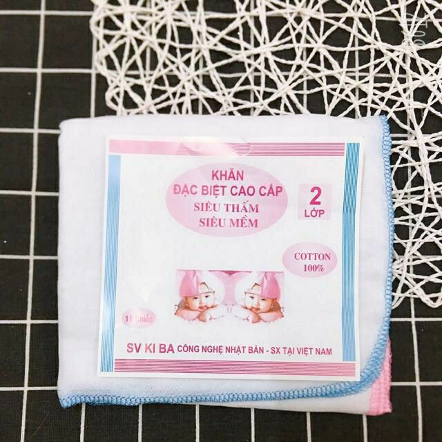 (GIÁ TỐT NHẤT) Khăn sữa sơ sinh trắng Kiba loại 2 lớp cao cấp 100% cotton ( gói 10 chiếc)