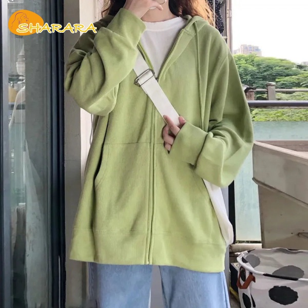 Áo Khoác Hoodie Mỏng Dáng Rộng Phối Khóa Kéo Màu Xanh Bơ Phong Cách Hàn Quốc Cho Nữ