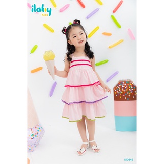 [25.6 GIẢM 40K ĐƠN 299K] Váy cho bé gái ILABY phối dây nhung chất liệu thô cotton thoáng mát [10IG08460322]