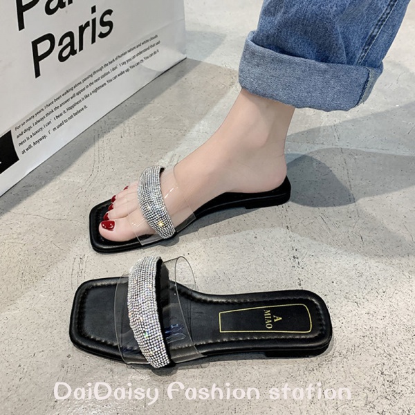 Daidaisy Daidaisy♥ Dép Sandal Hở Ngón Mũi Vuông Đế Bằng Đính Đá Thời Trang Hàn Quốc Mới 2022 Dành Cho Bạn Nữ Mang Ngoài Trời