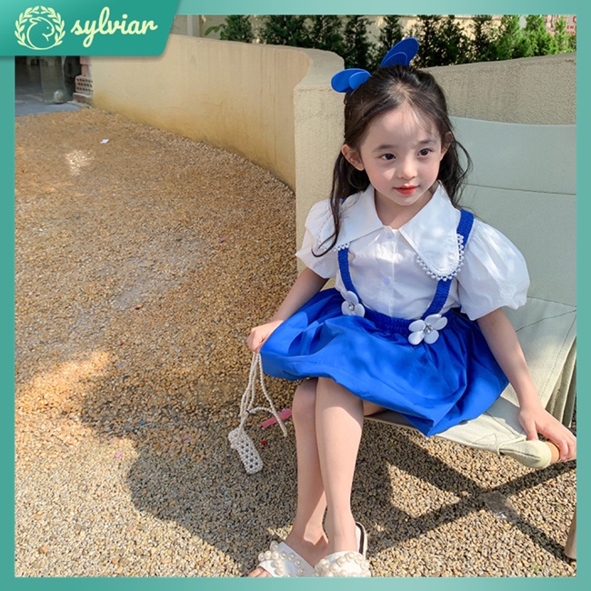 Bộ Đồ 2 Món Gồm Áo Sơ Mi Cổ Búp Bê Tay Ngắn Và Váy Yếm Thời Trang Dành Cho Bé Gái