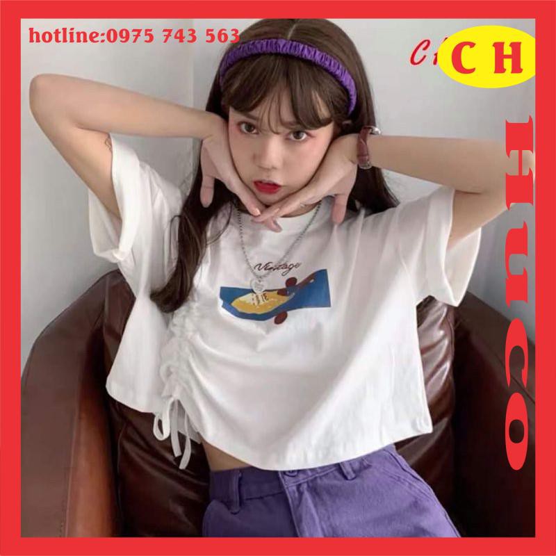 áo thun croptop nữ có dây rút hông, croptop logo nhỏ cute điệu đà ngắn tay, chất cotton mềm mát form rộng chuẩn ảnh