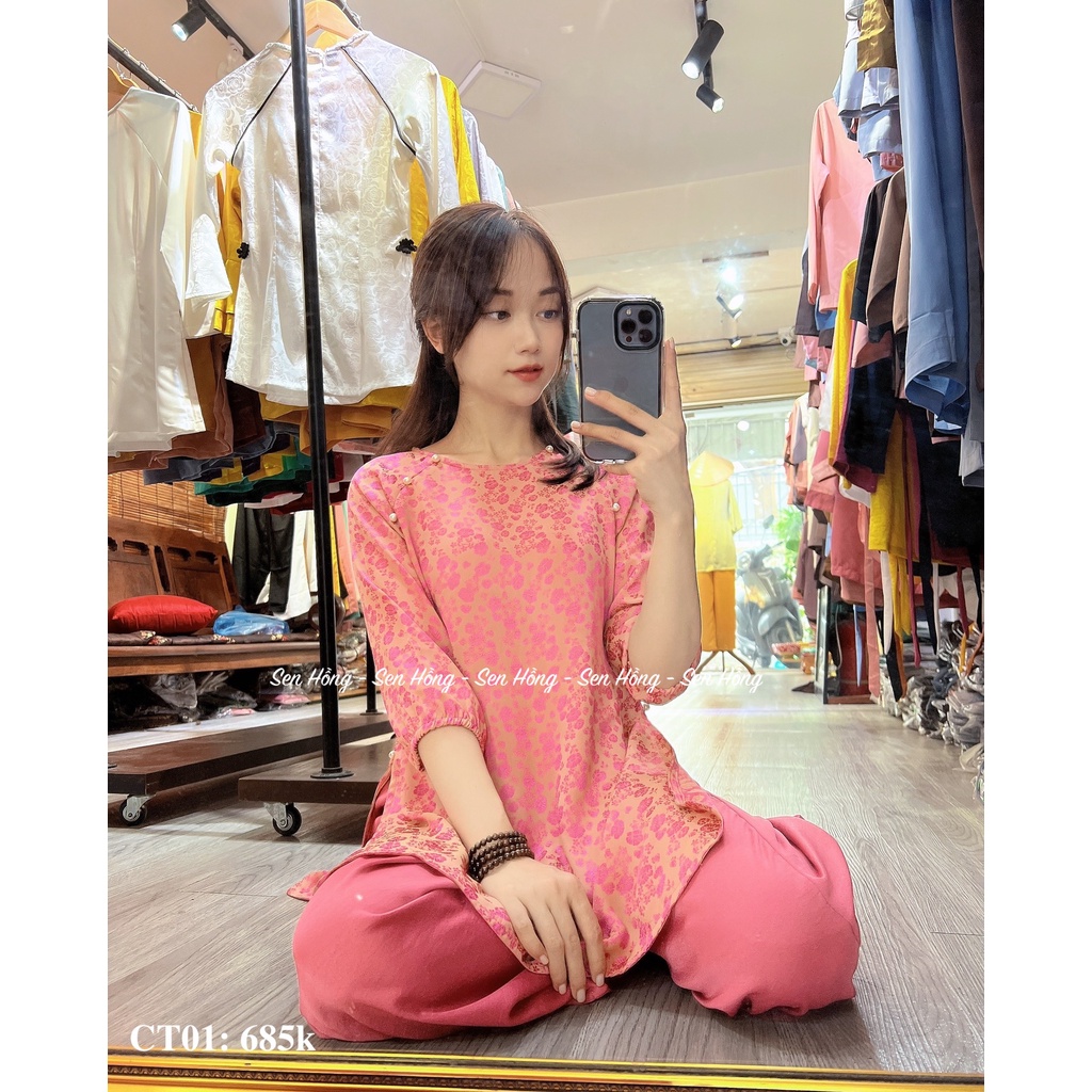 QUẦN ÁO ĐI CHÙA CAO CẤP GẤM THÁI TUẤN - Mẫu cách tân đính cúc ngọc sang chảnh # pháp phục quần áo Phật tử nữ CT01