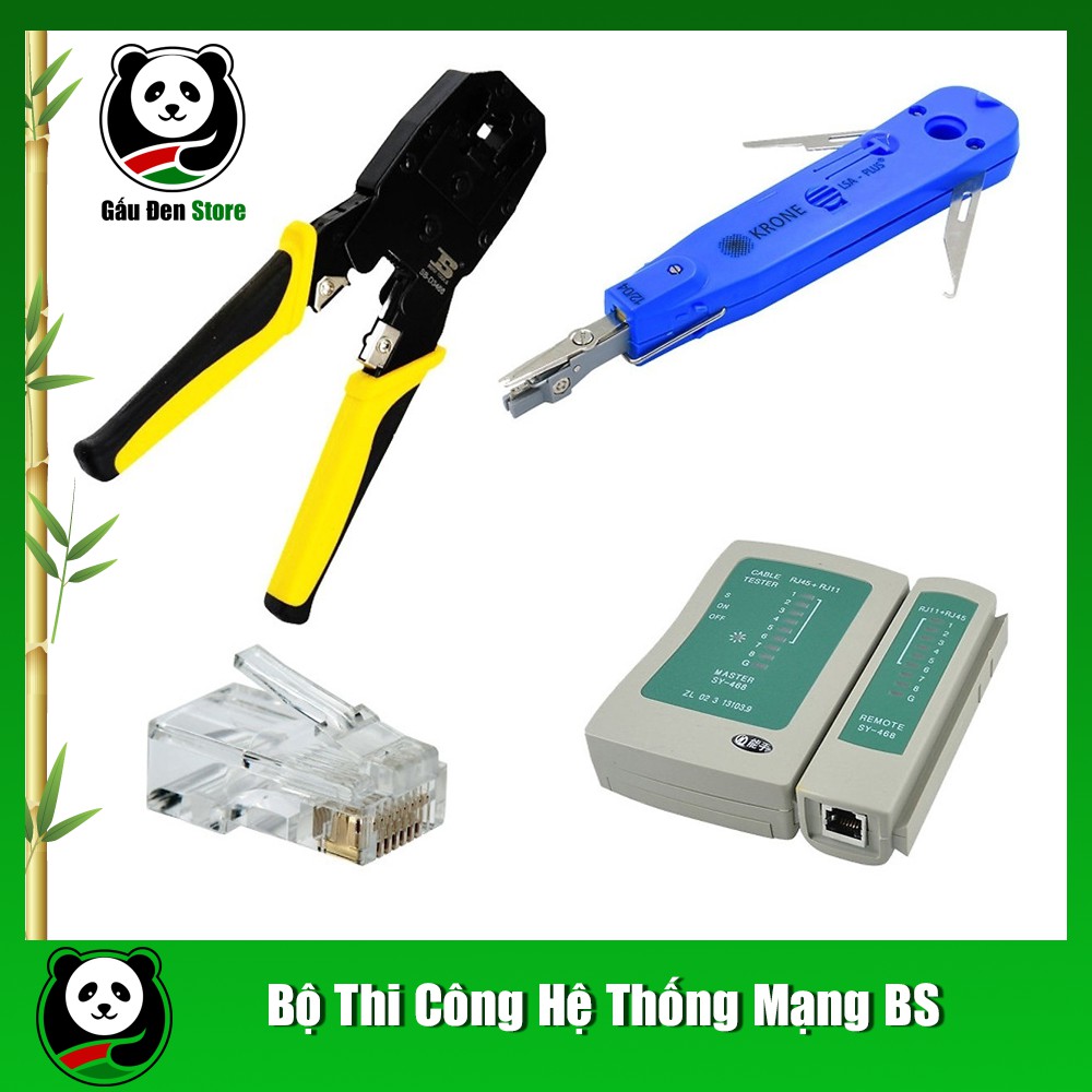 Bộ sản phẩm Kìm bấm mạng BS, Tool nhấn mạng âm tường, Hộp test dây mạng, 100 Hạt mạng JR45