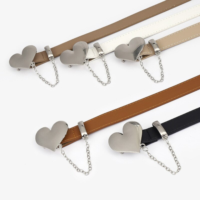 Thắt Lưng Da PU Màu Trơn Phối Dây Xích Trái Tim Kim Loại Phong Cách Harajuku Mới