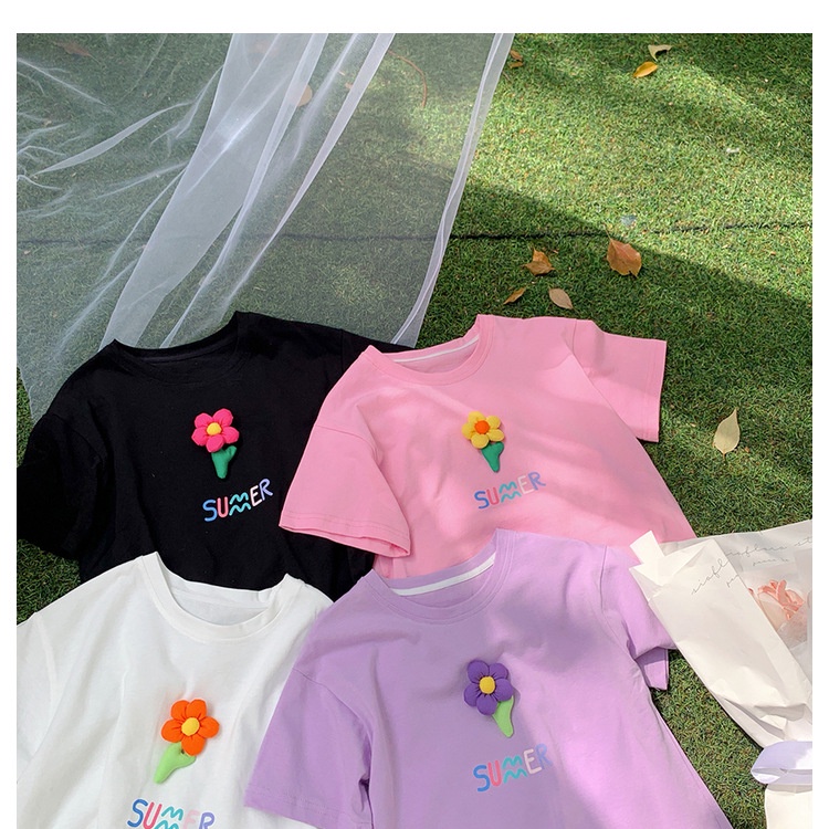 Áo Thun Cotton Tay Ngắn Họa Tiết Hoa 3D Đáng Yêu Thời Trang 2022 Dành Cho Bé Gái