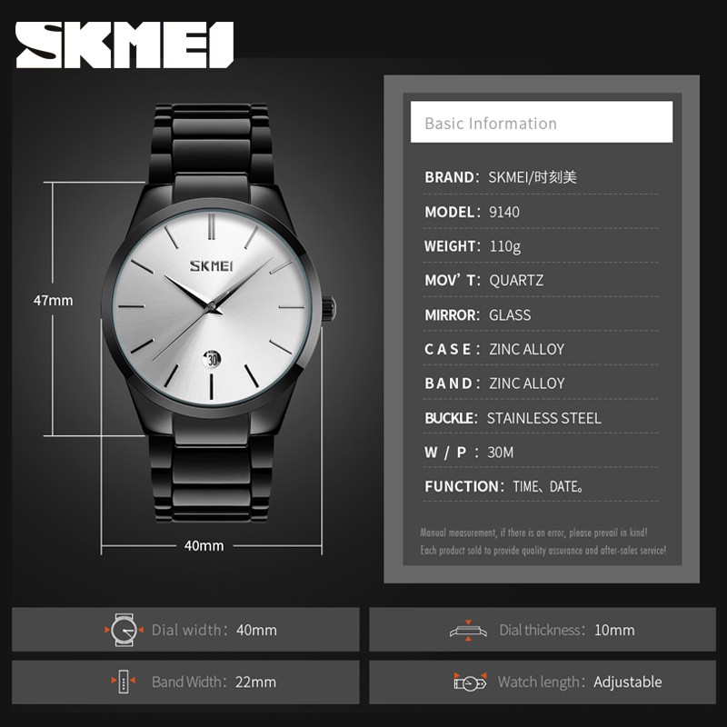 Đồng Hồ Quartz Nam SKMEI 9140 Chống Thấm Nước 3ATM Với Dây Đeo Thép Không Gỉ