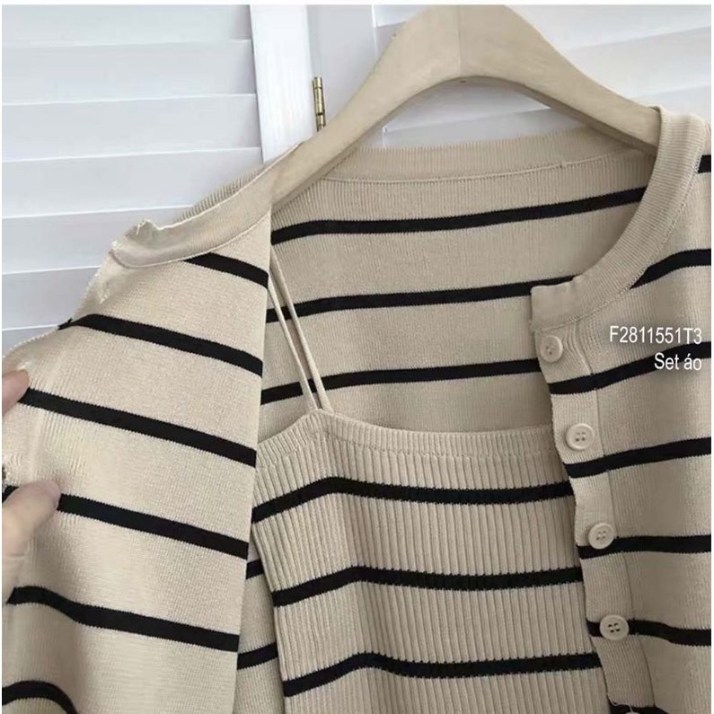 Set cặp áo len sọc áo khoác tay dài kèm áo 2 dây hàng Quảng Châu