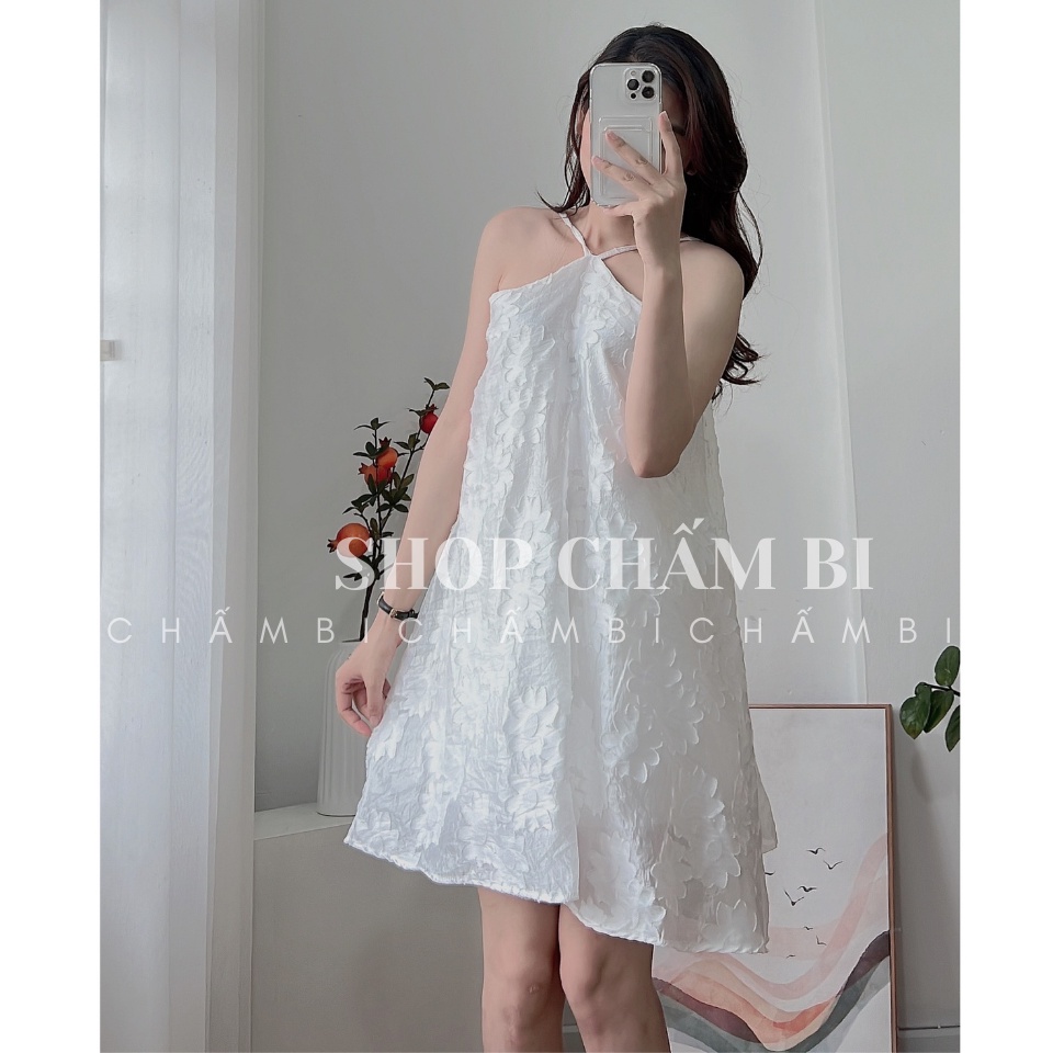 Váy kiểu Hàn Quốc V.120, Váy midi voan cổ yếm 2 lớp nơ lưng họa tiết hoa nổi tiểu thư - Thời trang nữ Chấm Bi