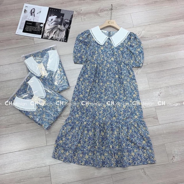 Váy hoa xanh cổ sen