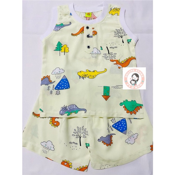 Chất vải tole lanh tôn tol hoạ tiết khủng long quần đùi áo sát nách đính túi như ảnh