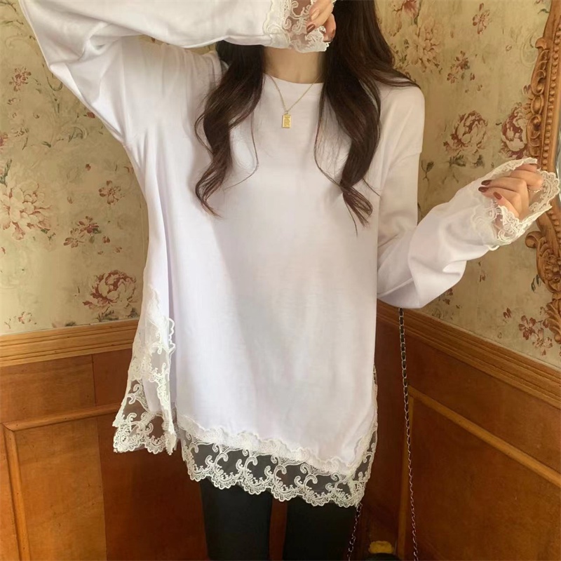 SUXI Áo Thun Tay Dài Cổ Tròn Phối Ren Màu Sắc Đơn Giản Thời Trang Xuân Thu