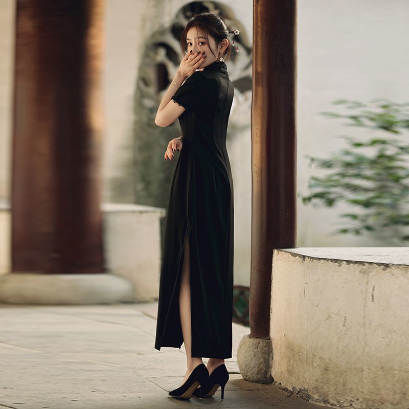 ✴✔﹉Sườn xám cổ điển màu đen 2021 váy dài khí chất mới cô gái trẻ thời trang mùa hè phong cách Trung Quốc